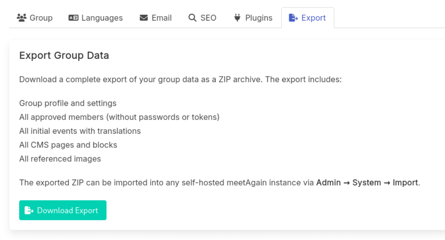截图：导出页面，显示下载群组档案按钮和说明文本